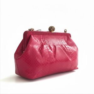 Vintage 90s Hot Pink Leather Clutch Gold Frame Kiss Lock Bag
